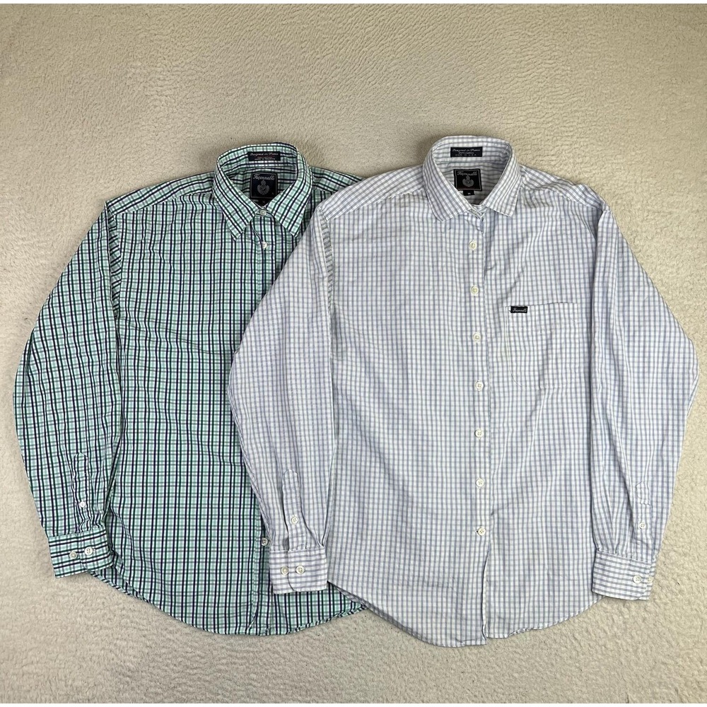 Faconnable Shirts LOT OF 2 Men's Medium‎ Green Blue Plaid Button Up Long Sleeve